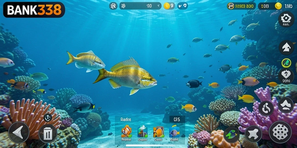 Screenshot utama menunjukkan aksi memancing seru dalam BANK338.