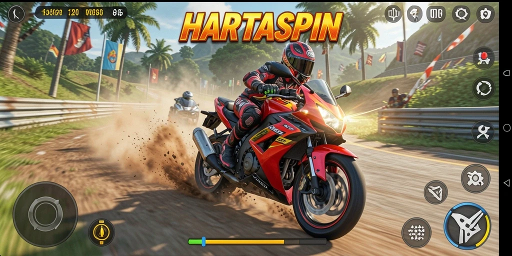 Gameplay seru HARTASPIN dengan balapan motor yang mendebarkan.