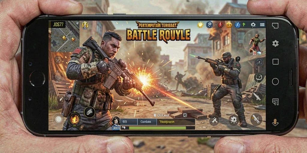 Tangkapan layar JOS77 menunjukkan aksi intens dalam pertempuran Battle Royale.