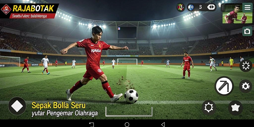 Tampilan gameplay mengasyikkan di RAJABOTAK dengan aksi sepak bola yang seru.
